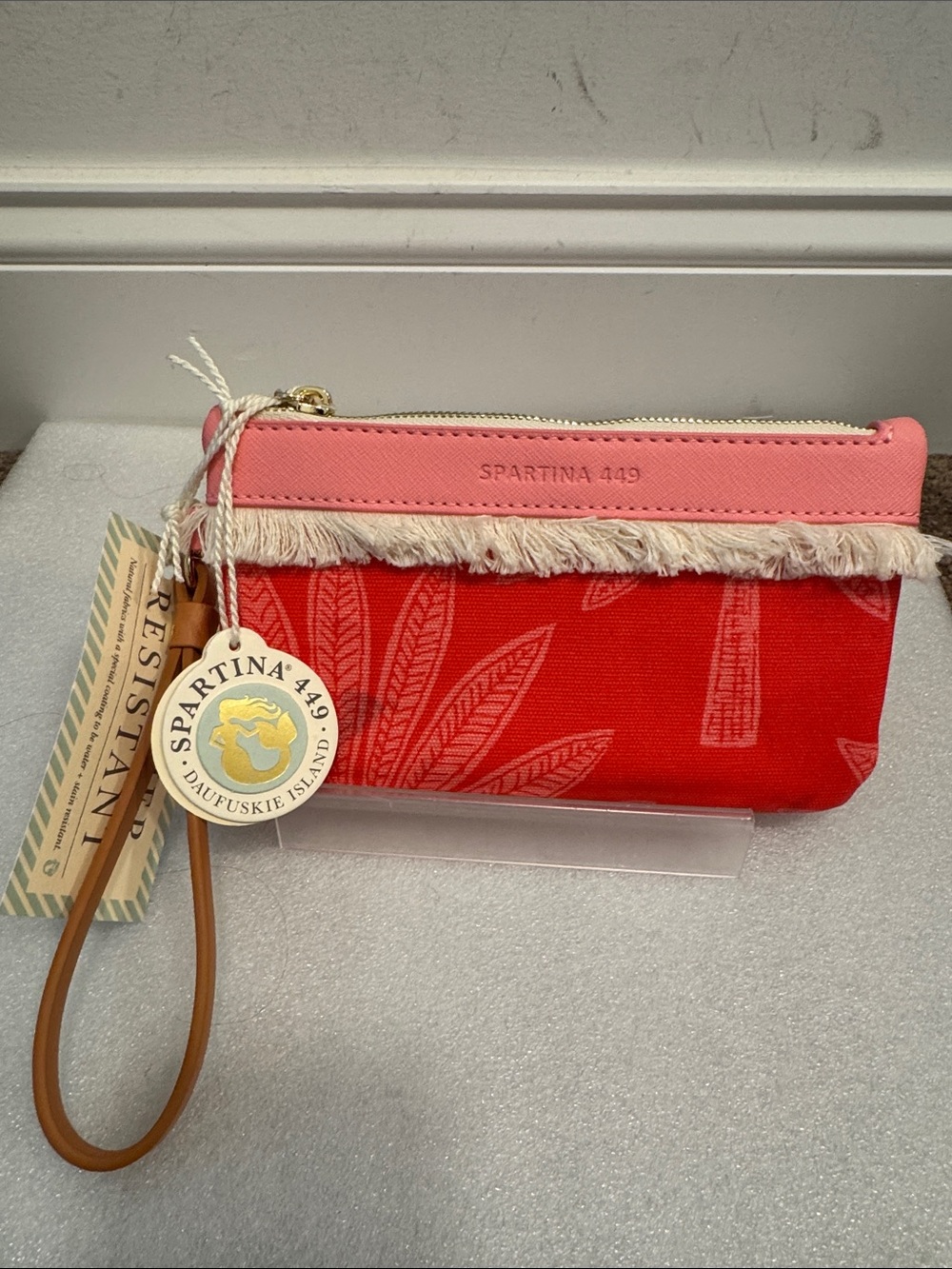 Spartina 449 Coral Pink and Red Fringe Wristlet wallet NWT